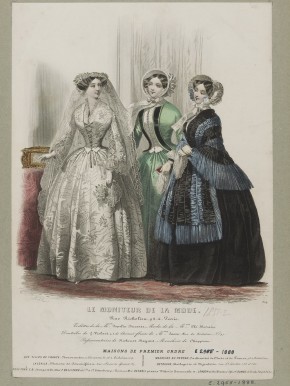 Hand-coloured engraving by Jules David featuring wedding and day dress designs by Popelin-Ducarre and Plé-Horain. Published in Le Moniteur de la Mode, 1851-2