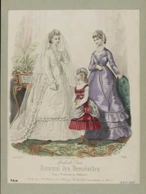 French fashion plate by Laure Noël & Paul Lacouriere. Wedding dress, day dress and girl's dress by Madame Hamin. Paris, April 1870