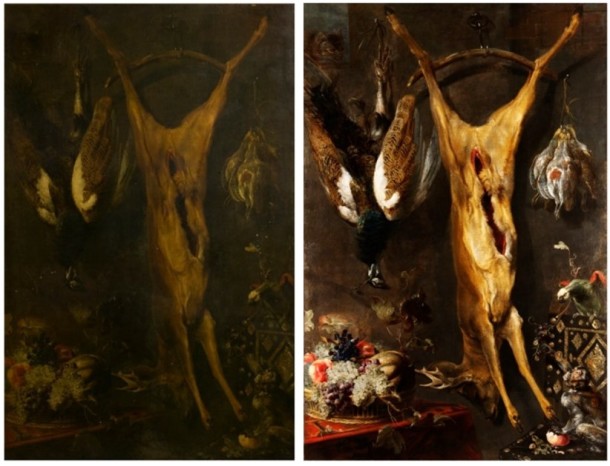 Before and after photographs of Frans Snyders' 'Still Life with a Dead Stag', Flemish school, 1640s V&A 4418-1857