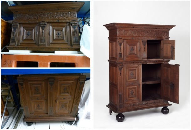 This two-stage oak cupboard is nearly 2 metres high and over 120cm wide. As it is so big, its two parts are ordinarily stored separately in our rolling racks. A number of technicians were required to transport and assemble this piece. V&A 860-1907