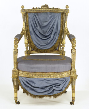 Armchair, before treatment with its 1970’s upholstery and blue paint