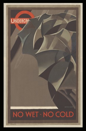 E.1240-1931 Poster No Wet - No Cold; 'No Wet - No Cold'. Colour lithograph poster with a stylised graphic design of umbrellas, advertising the London Underground Railways. Designed by Manner and issued by the Underground Electric Railways Co. of London, Ltd., 1929. Manner Underground Electric Railways Co. of London, Ltd. London 1929 Colour lithograph © Victoria and Albert Museum, London