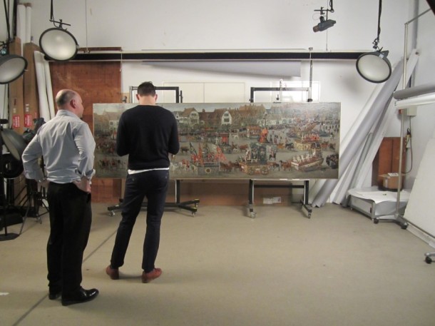 Photographers preparing the studio to photograph the large Ommegang painting © Victoria and Albert Museum, London