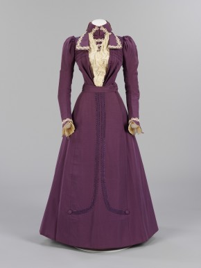 Purple silk bodice and skirt, trimmed with cream satin and lace. Made and worn by Harriet Joyce, 1899