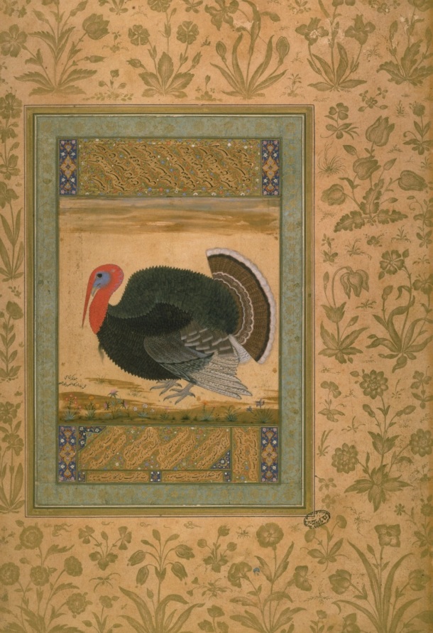 ‘The Arrival of the Turkey from Goa,’ from The Jahangirnama, Ustad Mansur, ca. 1612. © Victoria & Albert Museum.