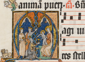 8997a. Leaf from a Dominican Antiphoner, with historiated initial A - Adoration of the Magi. Netherlandish; ca 1300. © V&A Museum