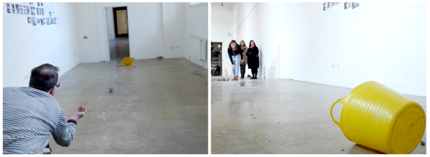 A trial run of the newly made concrete balls on the studio ramp