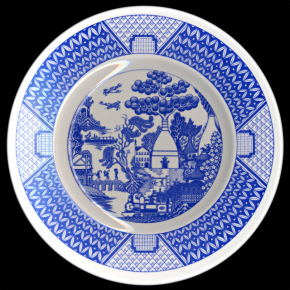 Plate, bone china, printed overglaze with The Potteries Willow pattern. Gladstone Pottery Museum, Longton, Stoke-on-Trent, circa 1984.© Potteries Museum & Art Gallery, Stoke-on-Trent.