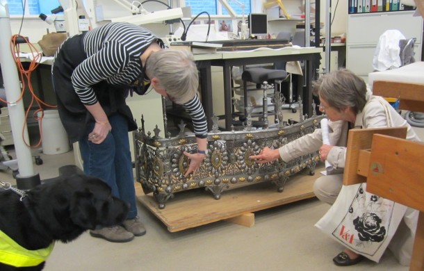 Donna and Elizabeth considering the size of decoration on the fender. Barry’s guide dog, Skye, seemed rather interested in the fireplace © Victoria and Albert Museum, London