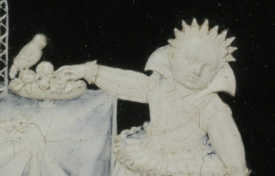 Detail from a very delicate wax of two year old Sophia Eleonore of Saxony handling some fruit. Made by Daniel Kellerthaler, Germany (Dresden), 1611 V&A A.42-1978 © Victoria and Albert Museum, London