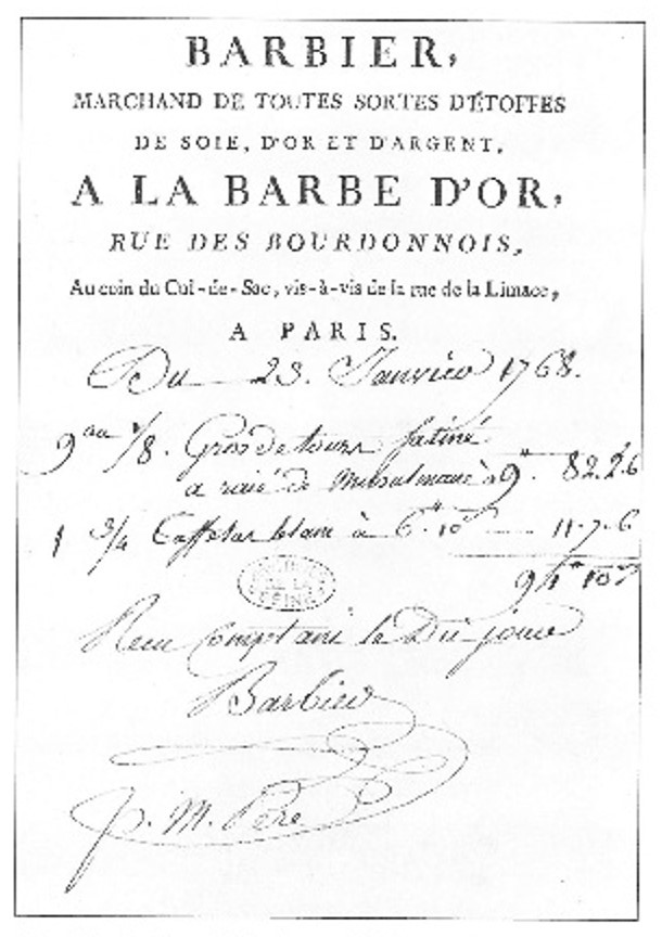 Barbier's trade card with a handwritten bill dated 23rd January 1778. Archives de la Ville de Paris.