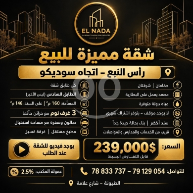 شقة للبيع في راس النبع اتجاه سوديكو مساحة ممتازة | Apartment for Sale in Ras El Nabaa Sodeco