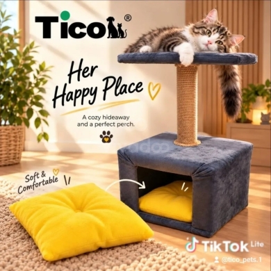 منزل دافئ ومريح للقطط مع عمود خدش | Cozy Cat House with Scratching Post Tico Pets