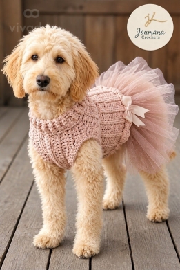 فستان كروشيه وردي فاخر للحيوانات الأليفة | Handmade Pink Crochet Pet Dress