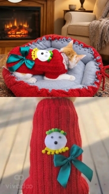 طقم فرشة وكنزة كروشيه للقطط | Handmade Crochet Cat Bed and Sweater Set