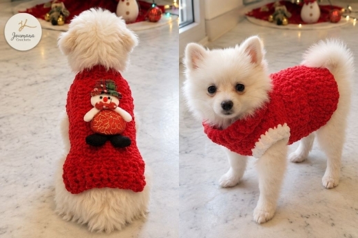كنزة صوفية يدوية للأكلاب بتصميم رجل الثلج احتفالية | Handmade Christmas Snowman Crochet Dog Sweater