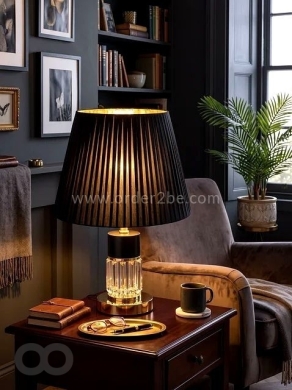 Pleated Table Lamp with Crystal and Gold Base, Black