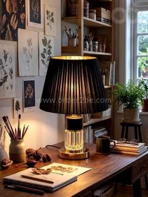 Pleated Table Lamp with Crystal and Gold Base, Black — 3