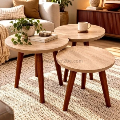 3-Piece Round Nesting Table Set, Light Brown