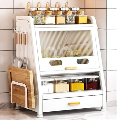Home & Garden in Bechara El Khoury - Magnetic Spice Rack Cabinet - Carbon Steel Countertop Organizer with Drawers & Side Storage