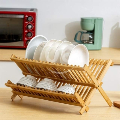 Home & Garden in Bechara El Khoury - Bamboo Dish Drying Rack - Folding 2-Tier Wood Dish Drainer for Kitchen