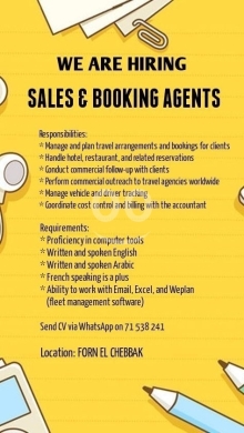 Jobs available in Furn el-Chebbak - Sales and Booking Agents