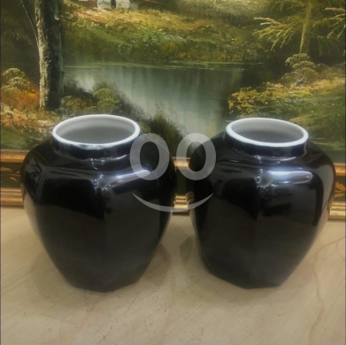 طقم فاز بورسلان طاووس أسود مذهب | Pair of Antique Black Porcelain Peacock Vases Gilded — 3