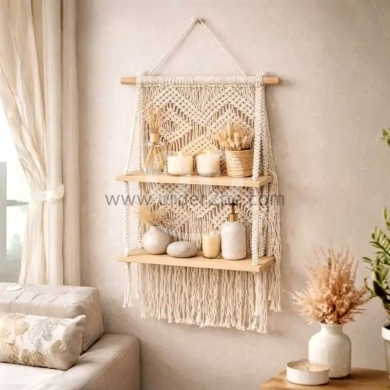 Home & Garden in Bechara El Khoury - Large 100cm Macrame Hanging Shelf — 2-Tier Hand-Woven Boho Wood Wall Plant Display