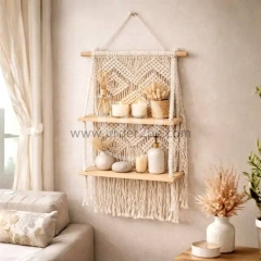 Large 100cm Macrame Hanging Shelf — 2-Tier Hand-Woven Boho Wood Wall Plant Display