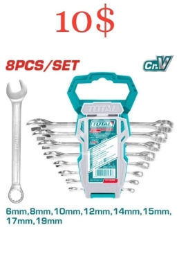 DIY Tools & Materials in Tripoli - طقم مفاتيح مشرشر توتال 8 قطع (6-19 ملم) - جودة صناعية كروم فانديوم