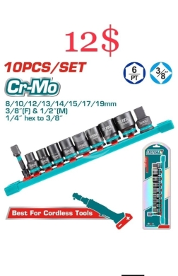 DIY Tools & Materials in Tripoli - TOTAL 10pcs 3/8" Impact Socket Set (8mm-19mm) - Cr-Mo Steel for Cordless Tools