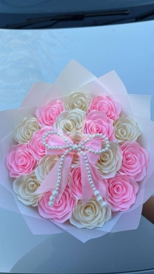باقة زهور ساتان يدوية بألوان الباستيل الهادئة | Handmade Pastel Satin Flower Bouquet — 2