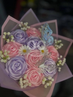 باقة زهور ساتان يدوية بألوان الباستيل الهادئة | Handmade Pastel Satin Flower Bouquet