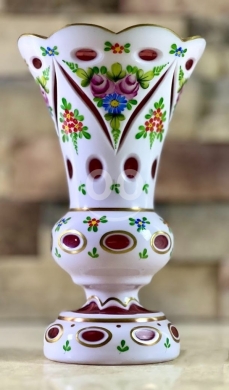 Antiques & Collectibles in Zahleh - Victorian Bohemian Cranberry Glass Vase - Hand-Painted Floral Cut-to-Clear Masterpiece