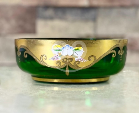 Antiques & Collectibles in Zahleh - Vintage Bohemian Green Crystal Bowl with Hand-Painted Gold & Enamel Floral Design - Czech Republic