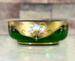 Vintage Bohemian Green Crystal Bowl with Hand-Painted Gold & Enamel Floral Design - Czech Republic