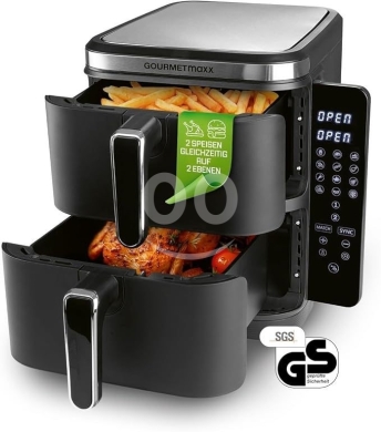 Kitchen appliances in Sahat Al Nour - قلاية هوائية مزدوجة جورميه ماكس سعة 10 لتر | GourmetMaxx 10L Dual Basket Air Fryer Pro