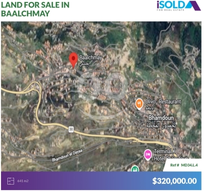 Lands for sale in Baaleshmay - 641m2 Prime land 4sale in Baalchmay-Baabda - أرض للبيع في بعلشمايMD34L4