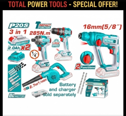 Outils et matériaux de bricolage dans Tripoli - TOTAL 20V P20S Professional 4-Tool Combo Kit - 285Nm Impact, Drill, Hammer & Blower Bundle