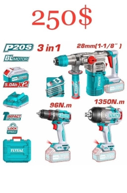 DIY Tools & Materials in Tripoli - طقم توتال 20 فولت P20S الصناعي: دريل همر 28 ملم، دريل 96 نيوتن، ومفك صدمي - عرض القوة القصوى