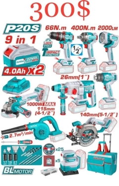 TOTAL 20V P20S Ultimate 9-in-1 Brushless Combo - 400Nm Wrench, Hammer, Saw, Grinder & Laser Kit