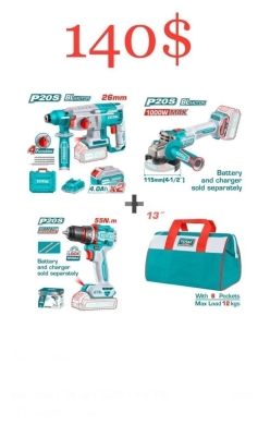 DIY Tools & Materials in Tripoli - TOTAL 20V P20S Professional 3-Tool Workshop Kit - 26mm Rotary Hammer, 1000W Grinder & 55Nm Drill
