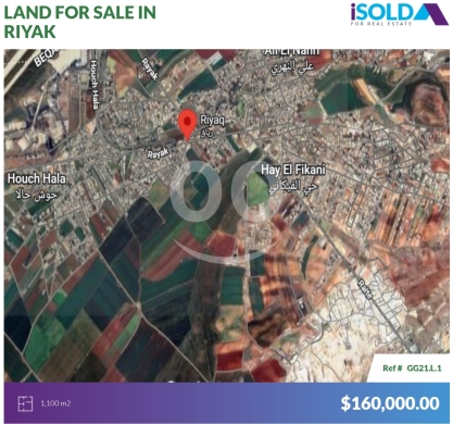 Lands for sale in Rayak - 1100 m2 Prime Land for sale in New Riyak-Zahle - أرض للبيع في نيو رياقGG21L1