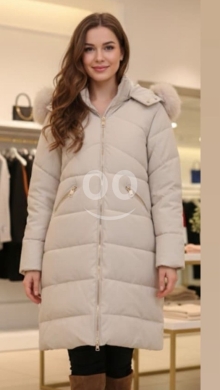Clothes, Footwear & Accessories in Ferzol - Premium Cream Quilted Puffer Coat - Long Winter Parka with Faux Fur Hood & Gold Zipper Details