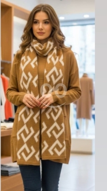 Clothes, Footwear & Accessories in Ferzol - Modest Camel Knit Tunic and Scarf Set - Geometric Pattern Winter Coordinates, One Size Fits All
