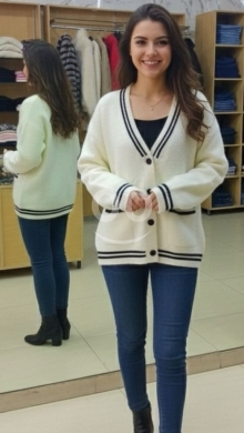 Clothes, Footwear & Accessories in Ferzol - Preppy White Varsity Knit Cardigan - Oversized V-Neck Button-Down Sweater with Black Stripe Detail