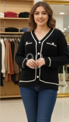Clothes, Footwear & Accessories in Ferzol - Elegant Black Knit Cardigan with White Contrast Trim - Vintage Style Button-Down Sweater, One Size