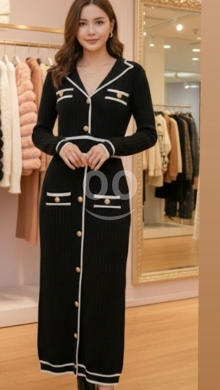 Clothes, Footwear & Accessories in Ferzol - Sophisticated Black Ribbed Knit Midi Dress - White Contrast Trim Bodycon with Gold Button Accents