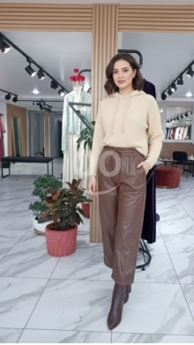 Clothes, Footwear & Accessories in Ferzol - Chic Beige Knit Hoodie and Brown Faux Leather Trousers Set - Modern Casual Winter Two-Piece Outfit