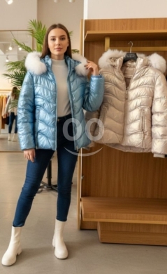 Clothes, Footwear & Accessories in Ferzol - Trendy Metallic Puffer Jacket with Faux Fur Hood - Shiny Quilted Winter Parka in Blue and Silver